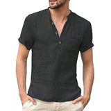 New Fashion Cotton Linen Casual Shirts    Male Short Sleeve V-Collar Breathable Men's Tee