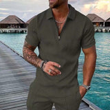 Men Summer Hawaiian Turn Down Collar V Neck T-Shirt Casual Zipper Short Sleeve Blouse Daily Tee High Quality Clothing S-3XL