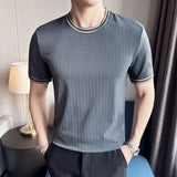 British style Men's summer casual short sleeves Jacquard ice silk T-shirt/Male slim fit Round neck fashion T-shirts S-4XL