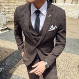 Male Korean Blazers Slim Check British Business Suit Men Three Piece Wedding Bridegroom Man Dress