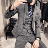 Male Korean Blazers Slim Check British Business Suit Men Three Piece Wedding Bridegroom Man Dress