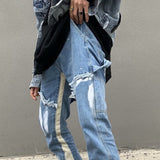 Y2K Patchwork Washed Blue Baggy Flare Jeans Pants Men Clothing Straight Loose Vintage Old Denim Trousers Pantalones Hombre