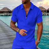 Men Summer Hawaiian Turn Down Collar V Neck T-Shirt Casual Zipper Short Sleeve Blouse Daily Tee High Quality Clothing S-3XL