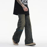 Vintage Fashion Patchwork Jeans Trendy Washed Light Flare Denim Pants Men's High Stree Graffiti Straight Trousers