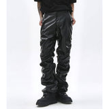 Hip Hop Mens Pleated Pu Leather Pants Harajuku Retro Streetwear Loose Ruched Casual Trousers Straight Solid Color Black Pants