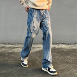 High Street Solid Color Patchwork Skulls Embroidery Casual Denim Pants Men and Women Elastic Waist Baggy Jeans Trousers