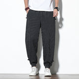 Spring Summer Disc Buckle Striped Harem Pants Mens Breathable Cotton Linen Pencil Pants Buckle Casual Bloomers Fashion Trousers