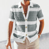 Casual Mens Knitted Shirts Spring Summer Loose Short Sleeve Buttoned Lapel Knit Cardigans Men Clothes Vintage Striped Shirt