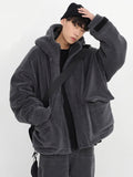 Winter Thick Warm Oversized Dark Grey Sherpa Jacket Men with Hood Zip Up Fluffy Loose Casual Faux Lamb Fur Coat