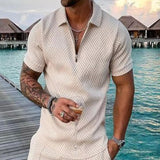 Men Summer Hawaiian Turn Down Collar V Neck T-Shirt Casual Zipper Short Sleeve Blouse Daily Tee High Quality Clothing S-3XL