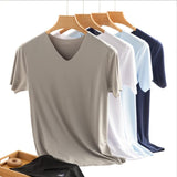 New Men's Sexy Ice Silk T-Shirts Solid Color Male Transparent Quick-dry Bodybuilding V-neck Short Sleeves Thin t shirt Tops Plus