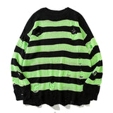 Hip Hop Striped Knitted Sweater Mens Womens Harajuku Hole Knit Jumpers Oversized Streetwear Casual Loose O-Neck Pullover Couples