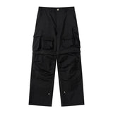 Y2K Solid Knee Detachable Multi-pockets Mens Cargo Pants Elastic Waist Straight Casual Trousers Loose Streetwear Overalls