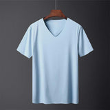 New Men's Sexy Ice Silk T-Shirts Solid Color Male Transparent Quick-dry Bodybuilding V-neck Short Sleeves Thin t shirt Tops Plus