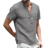 New Fashion Cotton Linen Casual Shirts    Male Short Sleeve V-Collar Breathable Men's Tee