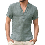 New Fashion Cotton Linen Casual Shirts    Male Short Sleeve V-Collar Breathable Men's Tee