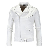 Mens Leather Jackets  White Black Casual Lapel Slim Fit Diagonal Zipper Motorcycle PU Leather Jacket Coat Mens Clothing