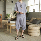 Summer Casual Half-sleeve V-neck Pullover with Knee Length Pants 2 Piece Set Men Loose Men Shorts Set Male Romper