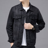 Men Black Denim Jacket Streetwear Spring Autumn Vintage Casual Long Sleeves Top Fashion Turndown Collar Loose Coat Jaqueta Jeans