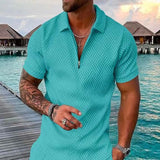 Men Summer Hawaiian Turn Down Collar V Neck T-Shirt Casual Zipper Short Sleeve Blouse Daily Tee High Quality Clothing S-3XL