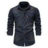 Men's Denim Shirt High Qualituy Elastic Cotton Long Sleeve Shirt Black Casual Slim Clothing Navy Blue Mens Fashion Shirt