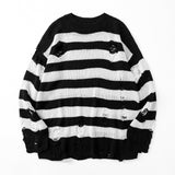 Hip Hop Striped Knitted Sweater Mens Womens Harajuku Hole Knit Jumpers Oversized Streetwear Casual Loose O-Neck Pullover Couples
