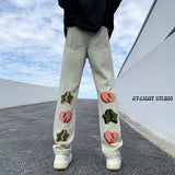 Embroidered Cute Graphic Ins Men Jeans Streetwear Loose Straight Hip Hop Male Denim Pants American Style Unisex Trousers