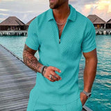 Men Summer Hawaiian Turn Down Collar V Neck T-Shirt Casual Zipper Short Sleeve Blouse Daily Tee High Quality Clothing S-3XL