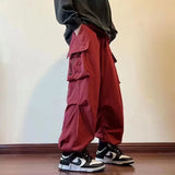 Men Solid Cargo Pants Harajuku Elastic Waist Side Pocket Tracksuit Pants Male Casual Hip Hop Drawstring Baggy Long Trousers