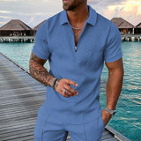 Men Summer Hawaiian Turn Down Collar V Neck T-Shirt Casual Zipper Short Sleeve Blouse Daily Tee High Quality Clothing S-3XL