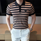 Fashion Oblique Stripes Polo T Shirts For Men Clothing Design Business Casual Short Sleeve Knitted Polos Homme S-4XL