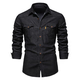 Men's Denim Shirt High Qualituy Elastic Cotton Long Sleeve Shirt Black Casual Slim Clothing Navy Blue Mens Fashion Shirt