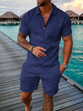 Men Tracksuit Casual Short Sleeve Zipper Polo Shirt&Shorts Set for Men Casual Streetwear 2-piece Suit Summer