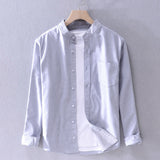 Pure Cotton Long Sleeve Shirt for Men Autumn New Yellow Stand Collar Casual Tops Male Solid Color Button Up Dress Shirt