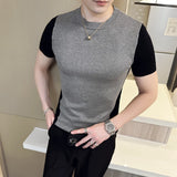 Summer New Men Short Sleeve Sweater Fashion Patchwork Color Round Collar Slim Fit Sweaters For Men Clothing Free Shipping