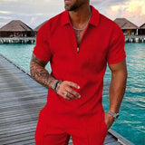 Men Summer Hawaiian Turn Down Collar V Neck T-Shirt Casual Zipper Short Sleeve Blouse Daily Tee High Quality Clothing S-3XL