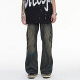 Vintage Fashion Patchwork Jeans Trendy Washed Light Flare Denim Pants Men's High Stree Graffiti Straight Trousers