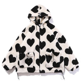 Gotmes Cute Heart-shaped Print Lambswool Winter Jacket Men Drawstring Pockets Zipper Hooded High Street Warm Couple Streetwear