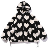 Gotmes Cute Heart-shaped Print Lambswool Winter Jacket Men Drawstring Pockets Zipper Hooded High Street Warm Couple Streetwear