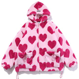 Gotmes Cute Heart-shaped Print Lambswool Winter Jacket Men Drawstring Pockets Zipper Hooded High Street Warm Couple Streetwear