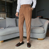 Gotmes   New Design Men High Waist Trousers Solid England Business Casual Suit Pants Belt Straight Slim Fit Bottoms White Clothing