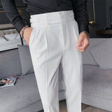 Gotmes   New Design Men High Waist Trousers Solid England Business Casual Suit Pants Belt Straight Slim Fit Bottoms White Clothing